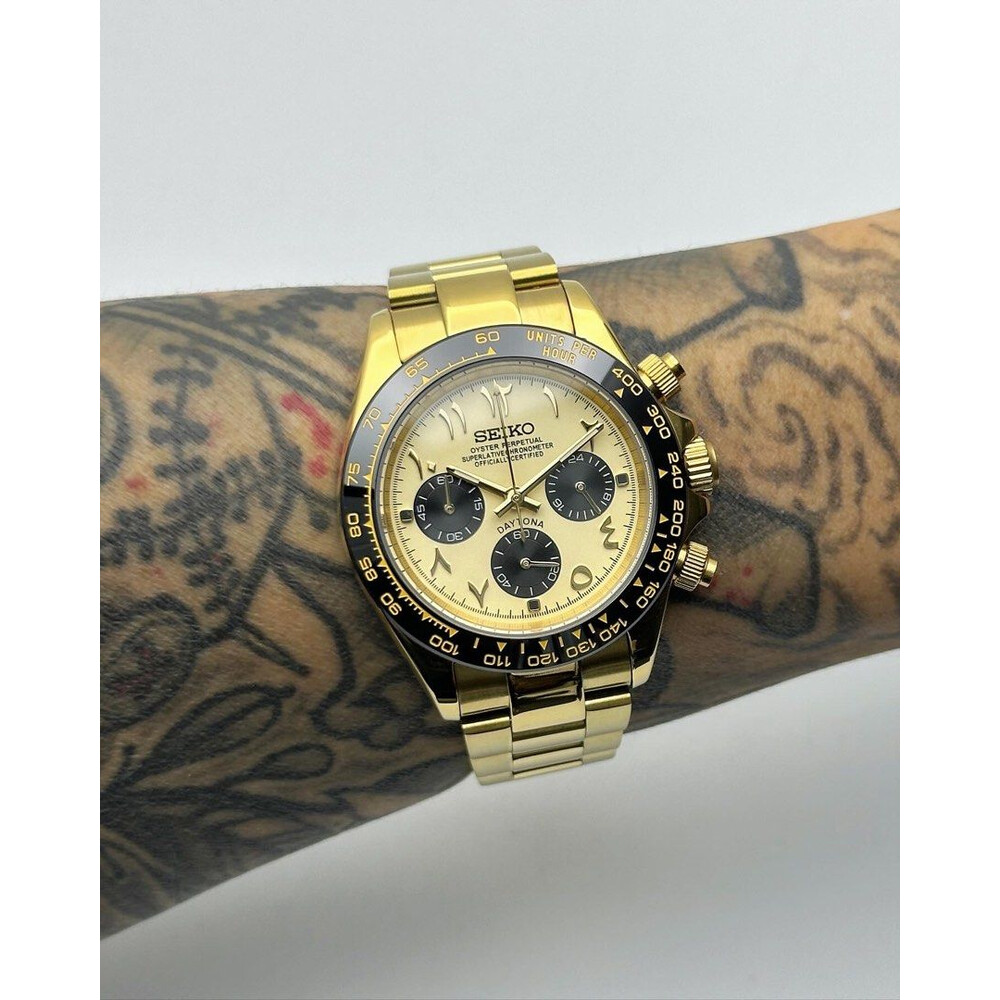 Custom Seiko Mod • Gold Black Arabic Daytona Quartz Chronograph • 39.5mm